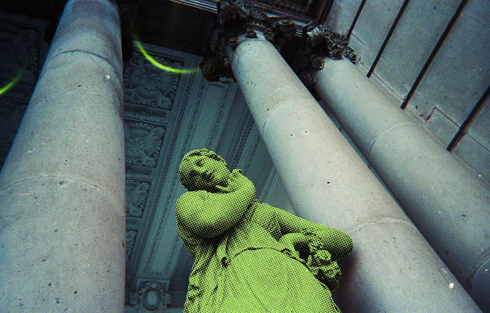 Green halftone statue beneath classical columns