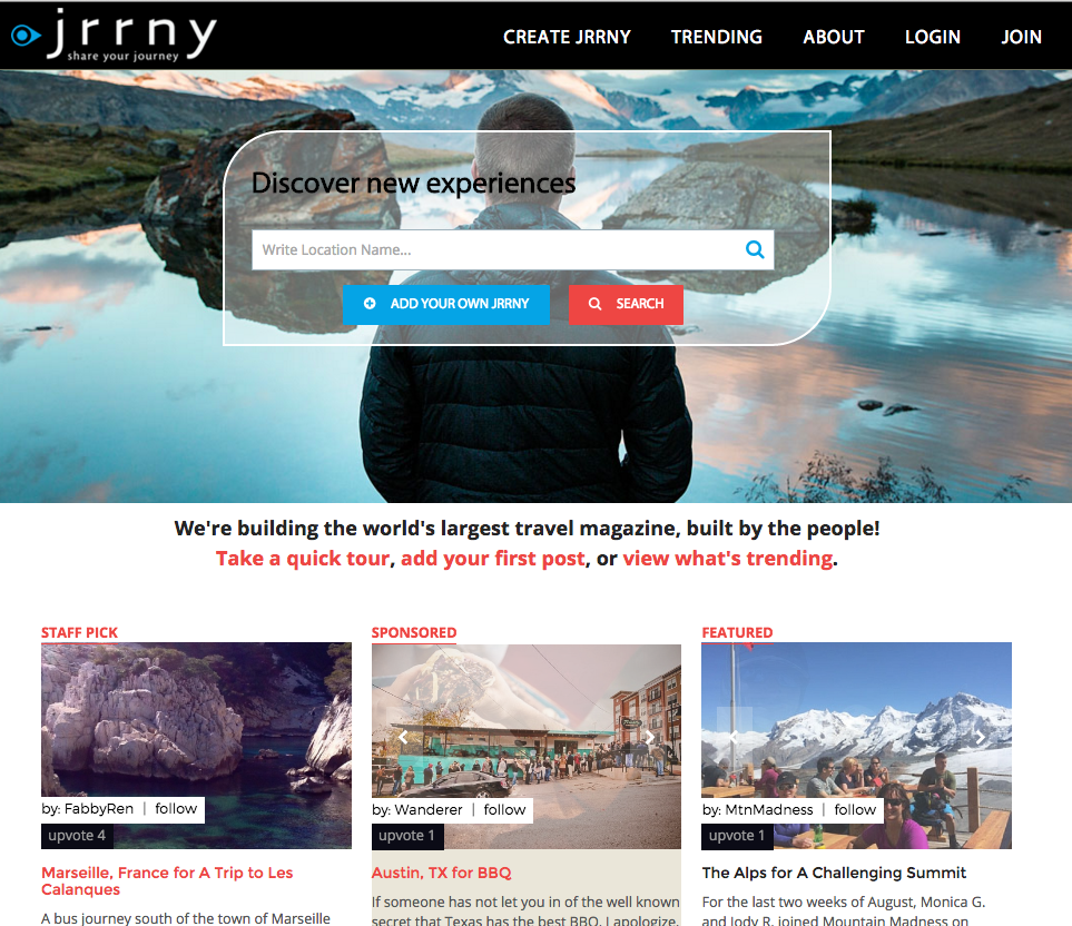 Archived JRRNY homepage with a mountain lake backdrop, destination search, and traveler stories from Marseille, Austin, and the Alps