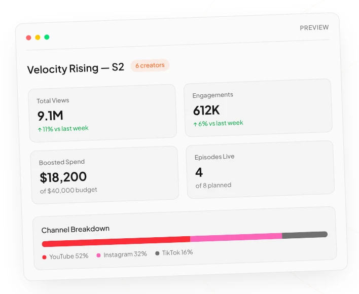 Ripple360 public website demo preview showing campaign views, engagements, boosted spend, live episodes, and a YouTube, Instagram, and TikTok channel breakdown