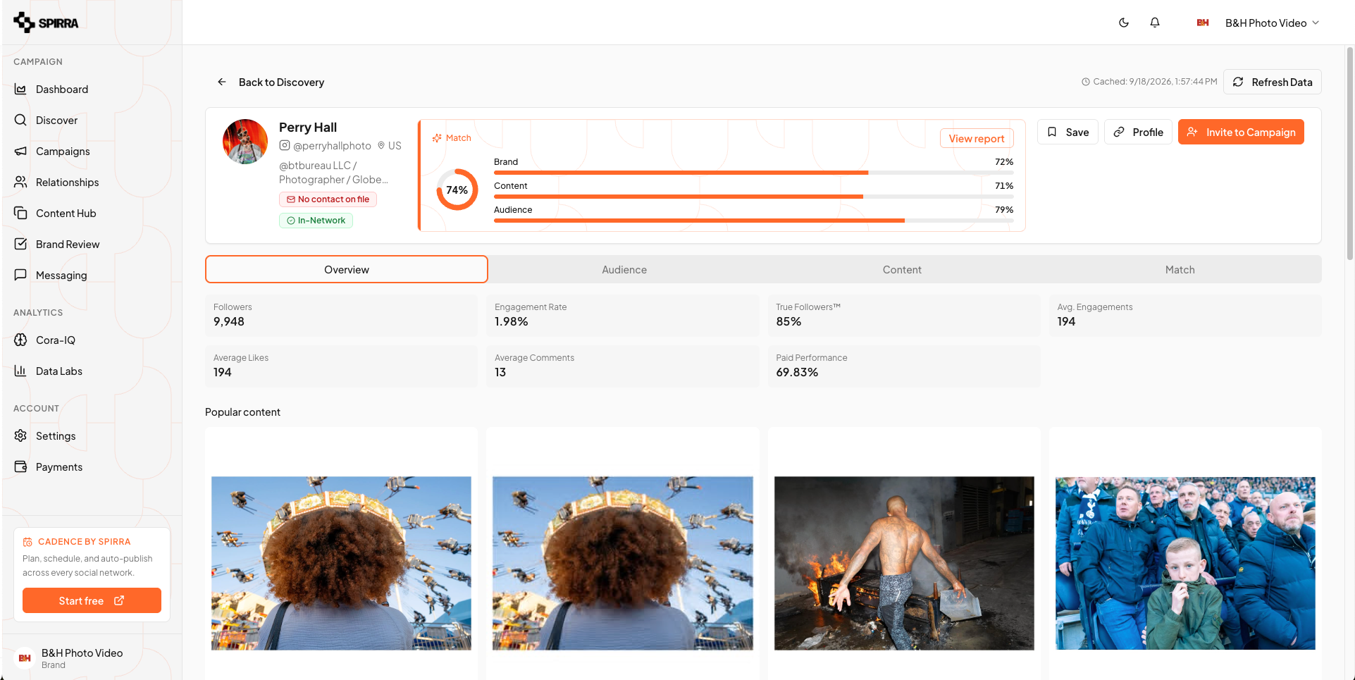 SPIRRA creator profile showing a 74% match score, brand, content, and audience alignment, engagement metrics, and popular content